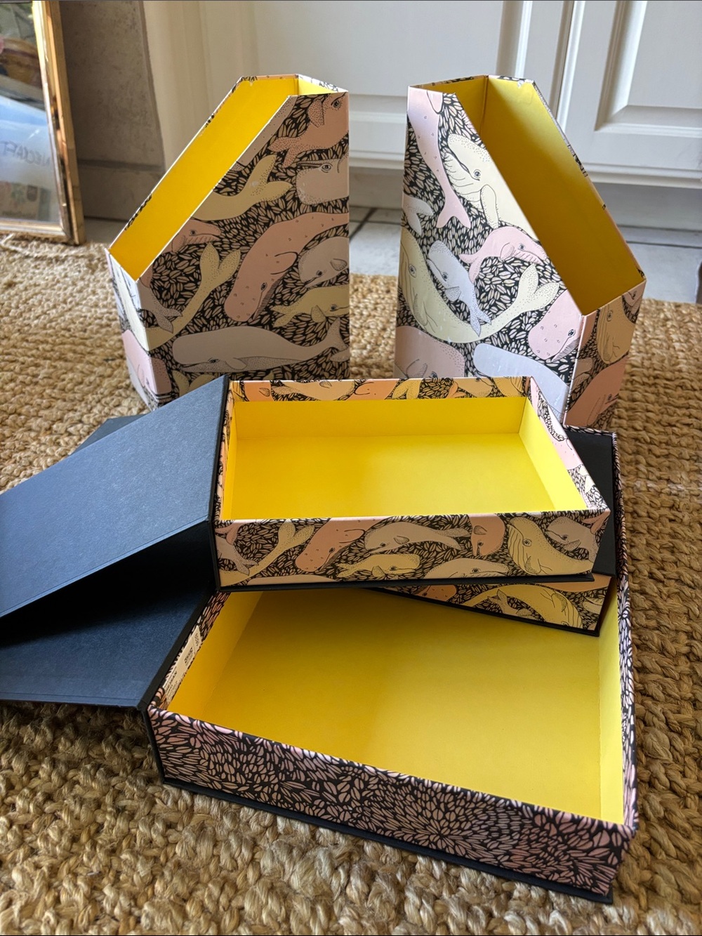 Adorable vintage whale print IKEA desk organizers and boxes